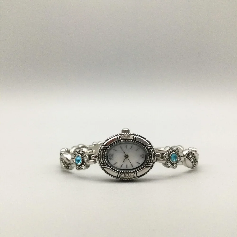 Womens Watch 19mm Silver Tone Oval White MOP Bracelet Gemmed New Battery 7.75